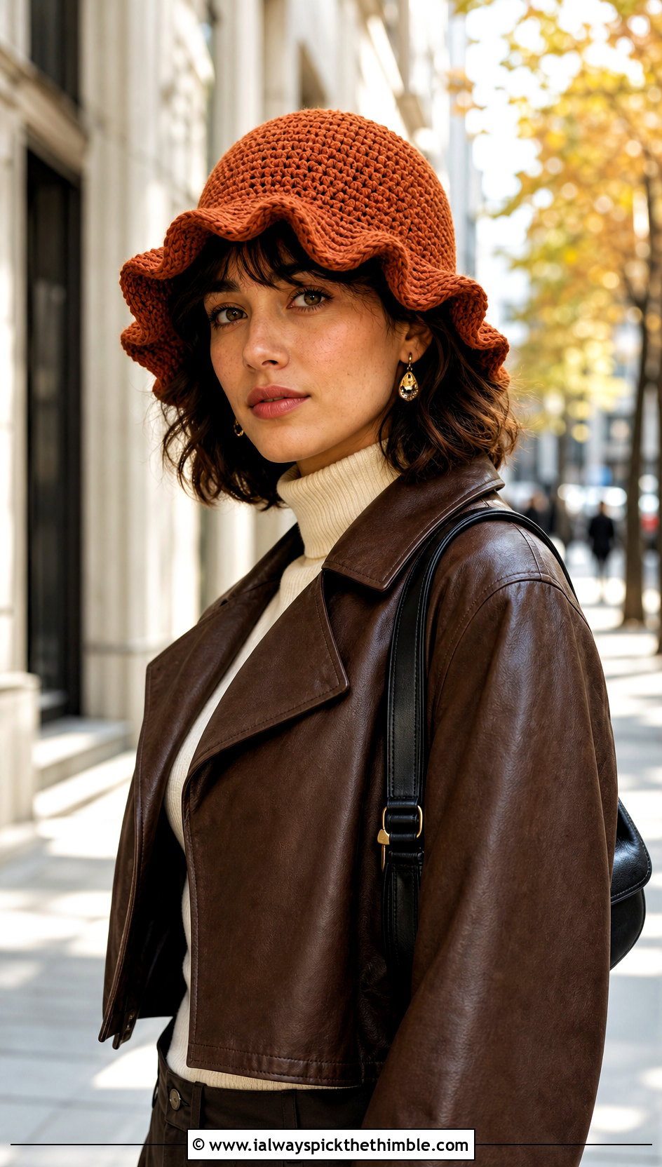 Orange Wavy Brim Crochet Bucket Hat With Leather Jacket - 15 orange crochet bucket hat outfit ideas