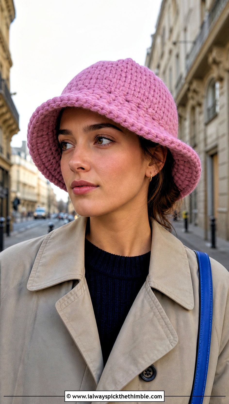Orchid Pink Chunky Crochet Bucket Hat With Trench Coat - 15 pink crochet bucket hat outfit ideas