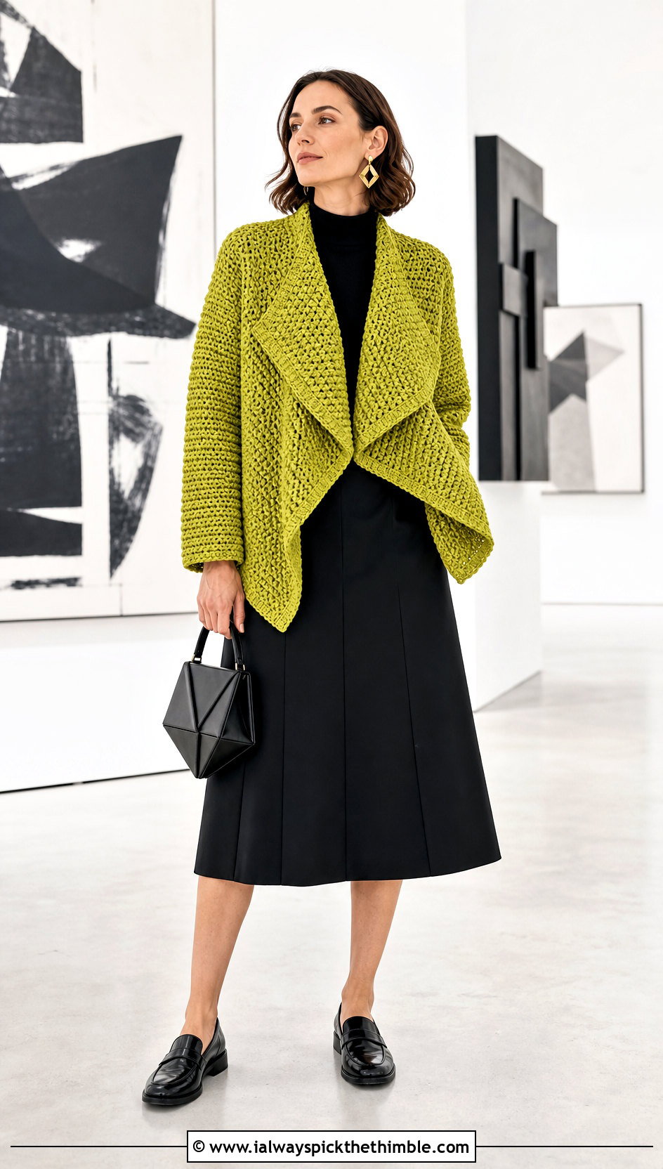 Origami Crochet Bog Jacket With A Line Midi Skirt - 25 Crochet Bog Jacket outfit ideas