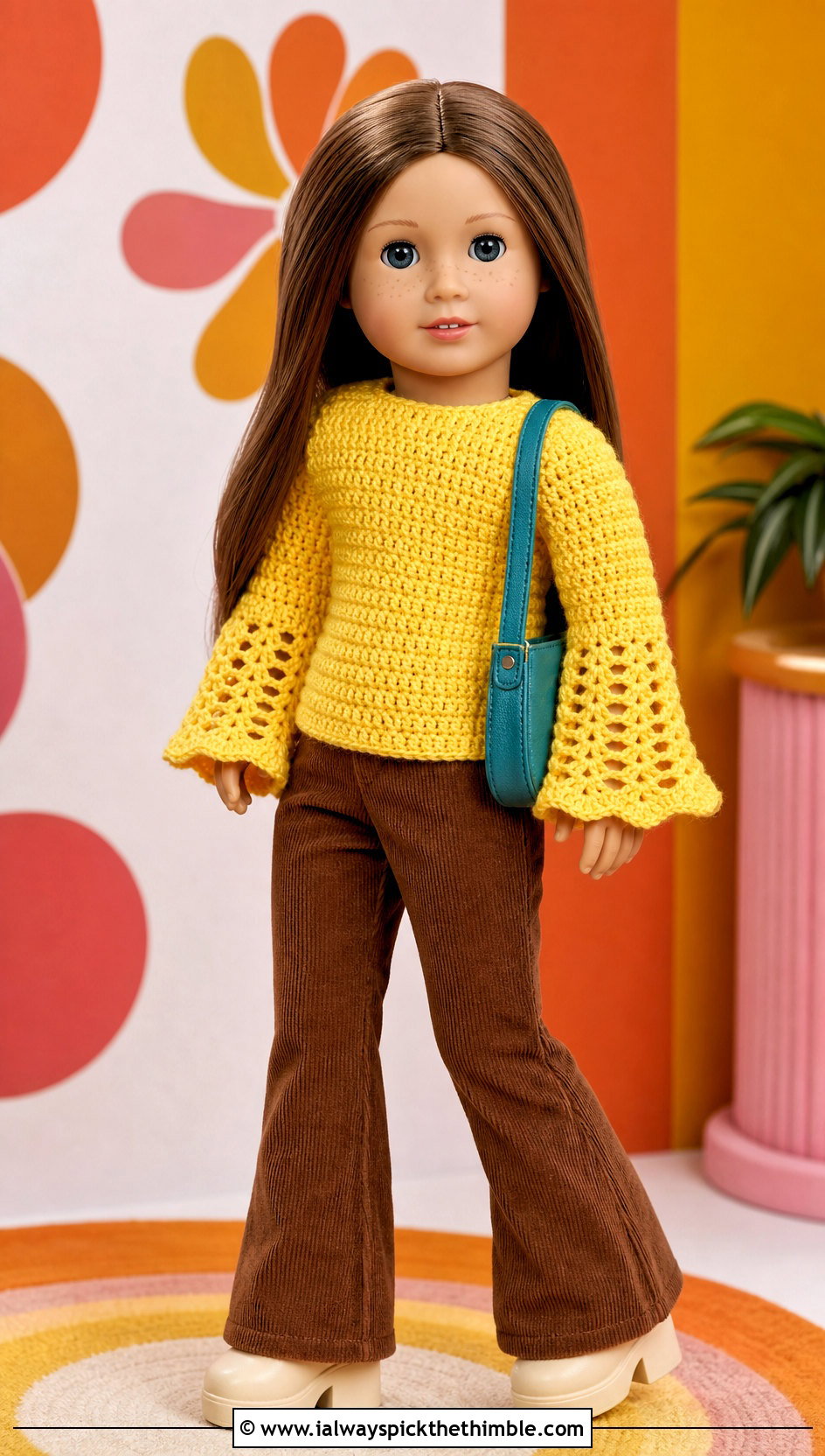 Our Generation Doll Crochet Flare Sleeve Top With Corduroy Pants - 15 Crochet Our Generation Doll Clothes and outfit ideas