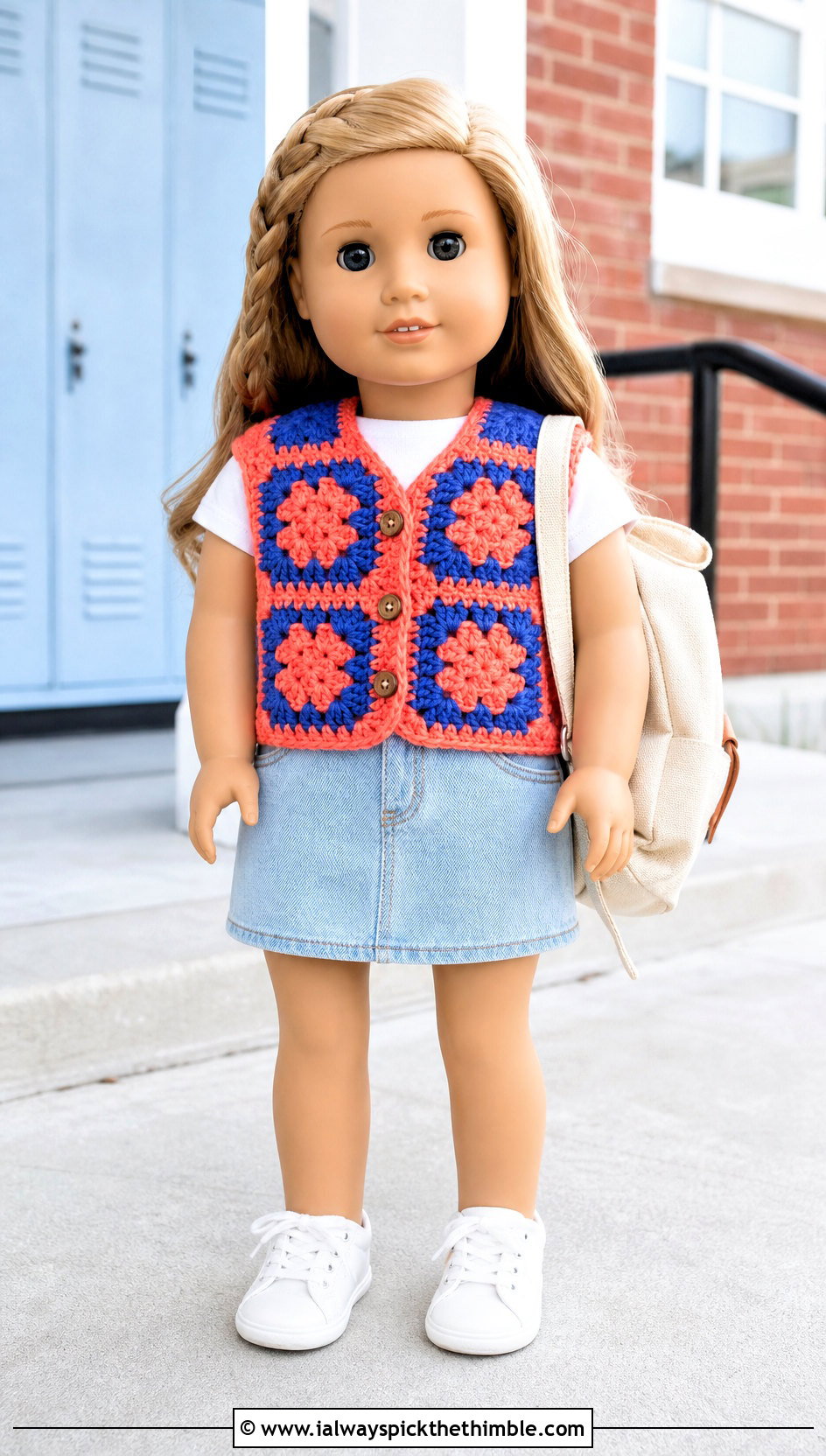 Our Generation Doll Crochet Granny Square Vest With Denim Skirt - 15 Crochet Our Generation Doll Clothes and outfit ideas