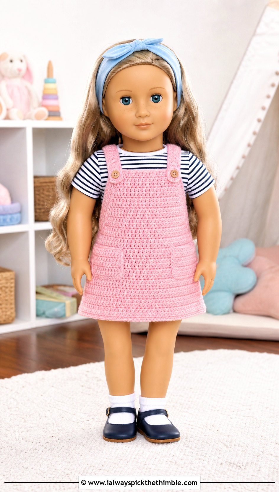 Our Generation Doll Crochet Pinafore Dress With Striped Shirt - 15 Crochet Our Generation Doll Clothes and outfit ideas