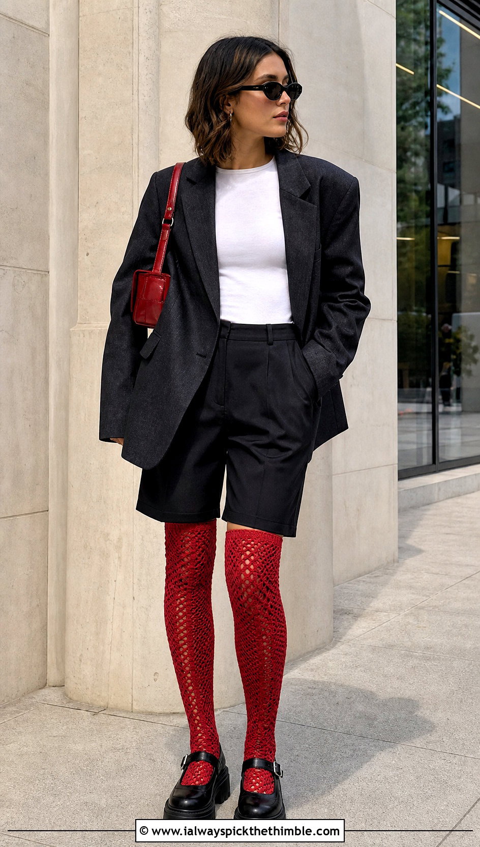Over The Knee Crochet Socks With Blazer And Shorts - 20 Crochet Socks For Women outfit ideas