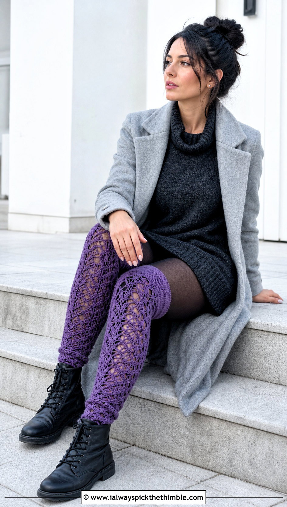 Over The Knee Lace Crochet Socks With A Sweater Dress - 25 crochet sock outfit ideas