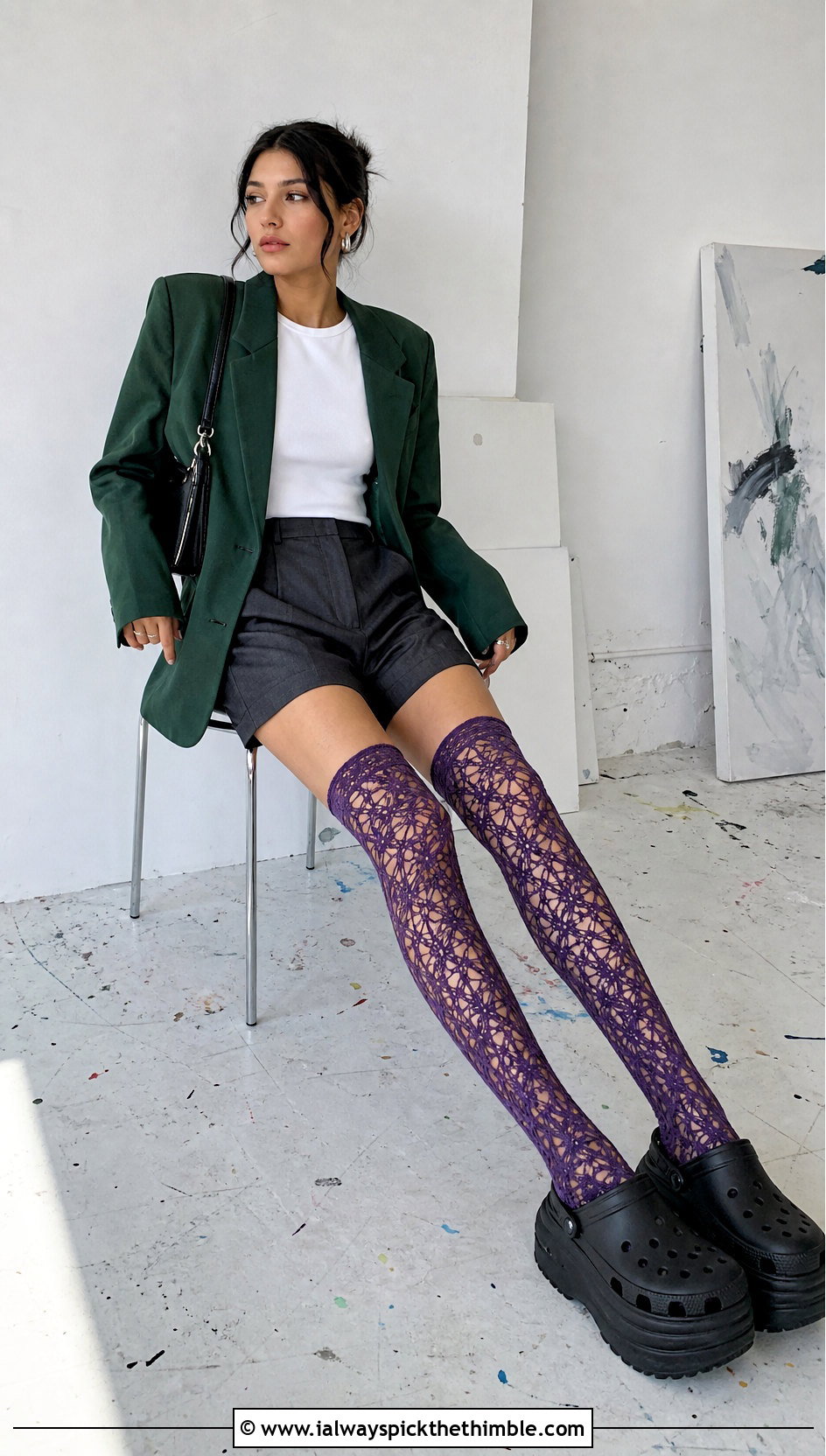 Over the Knee Lace Crochet Socks With Blazer Shorts - 20 croc crochet socks outfit ideas