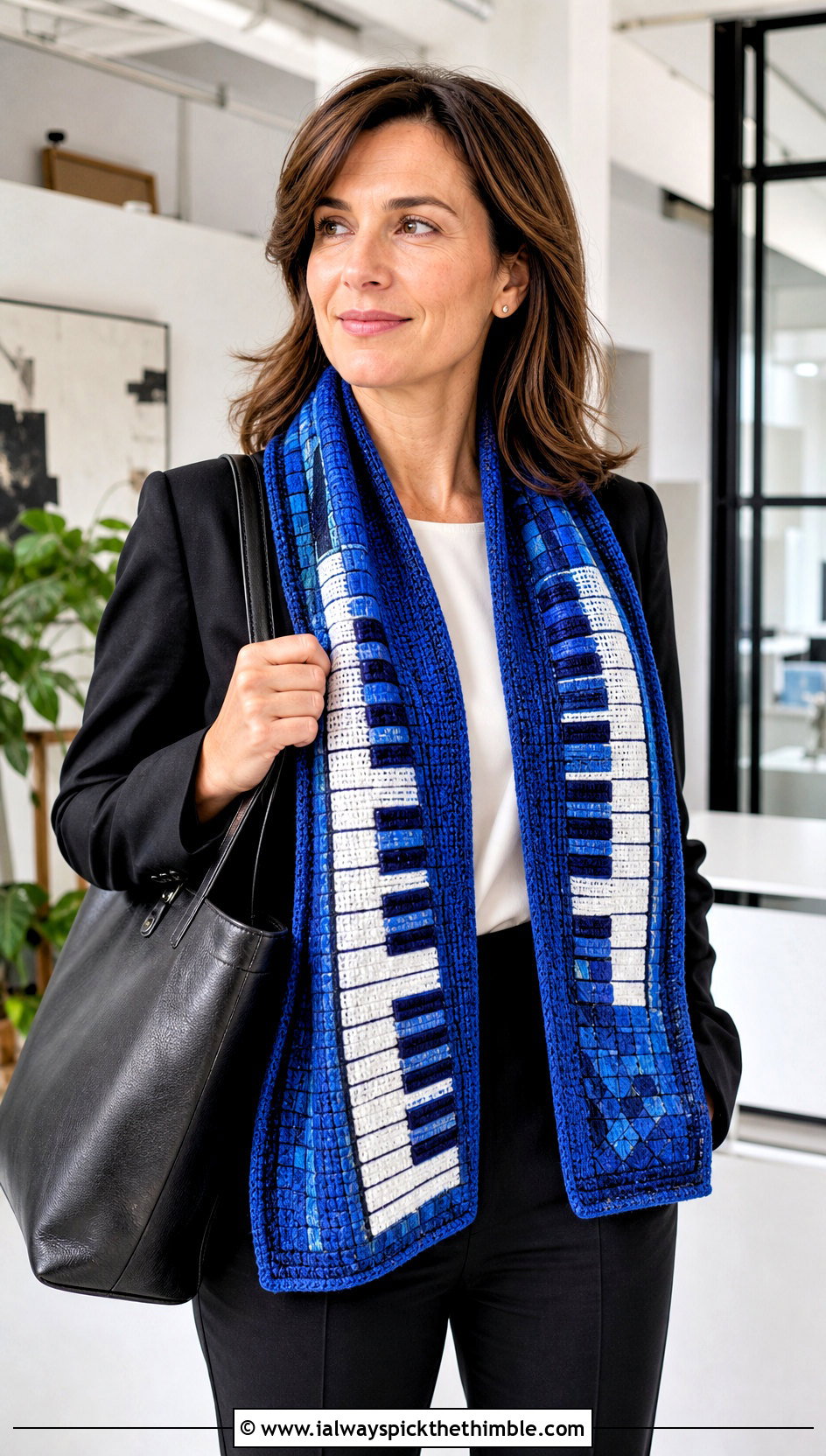 Overlay Mosaic Piano Scarf With Black Pantsuit - 25 crochet piano scarf outfit ideas
