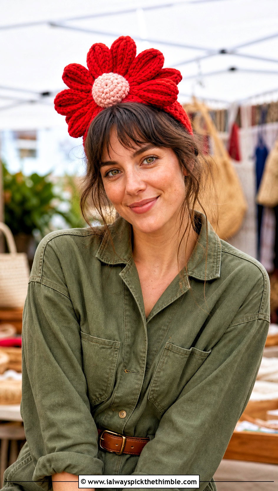 Oversized 3D Daisy Crochet Headband With Utility Jumpsuit - 15 daisy flower crochet headband outfit ideas