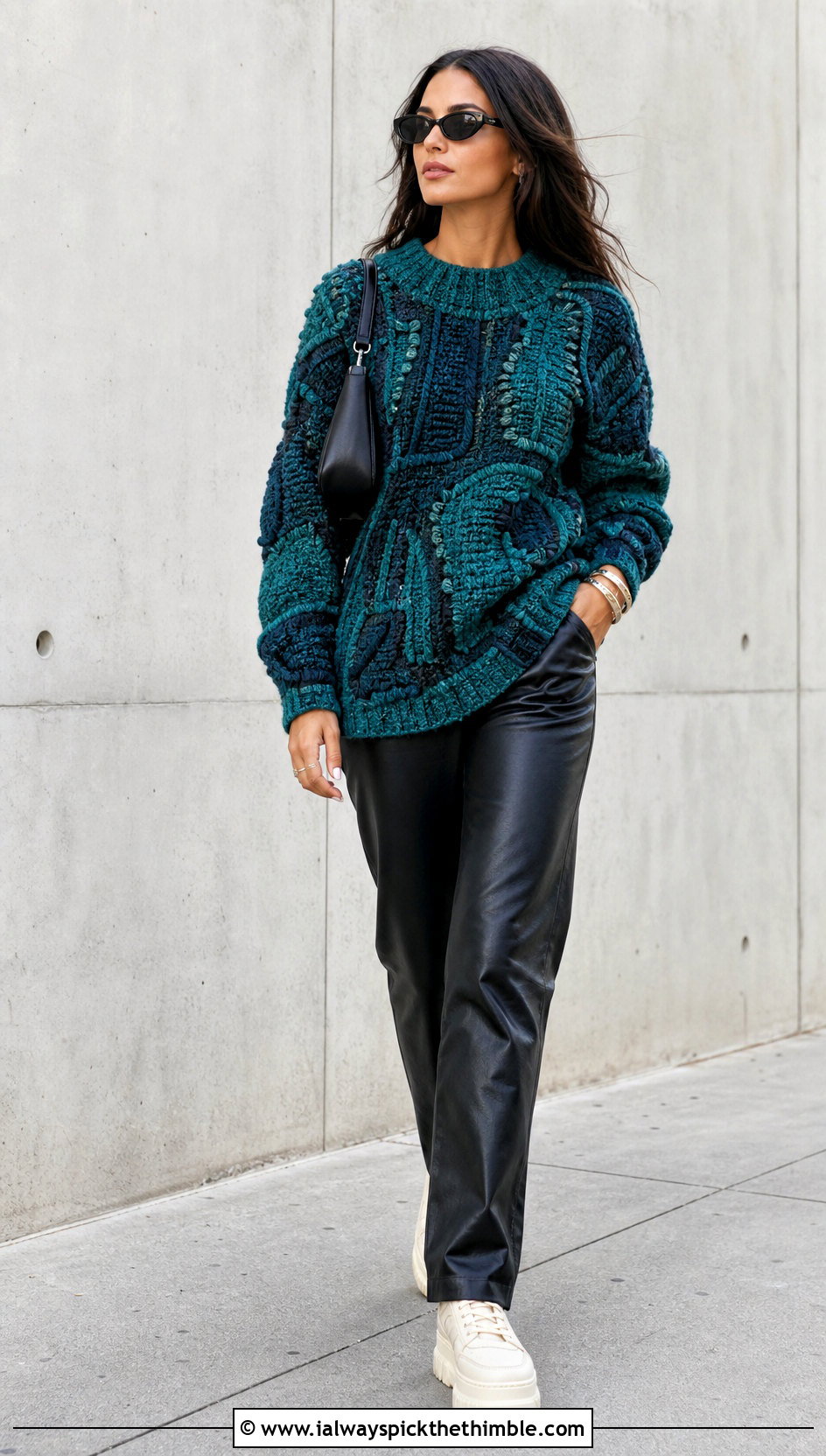 Oversized Abstract Norm Thompson Crochet Sweater With Leather Pants - 15 Norm Thompson Crochet Sweater outfit ideas