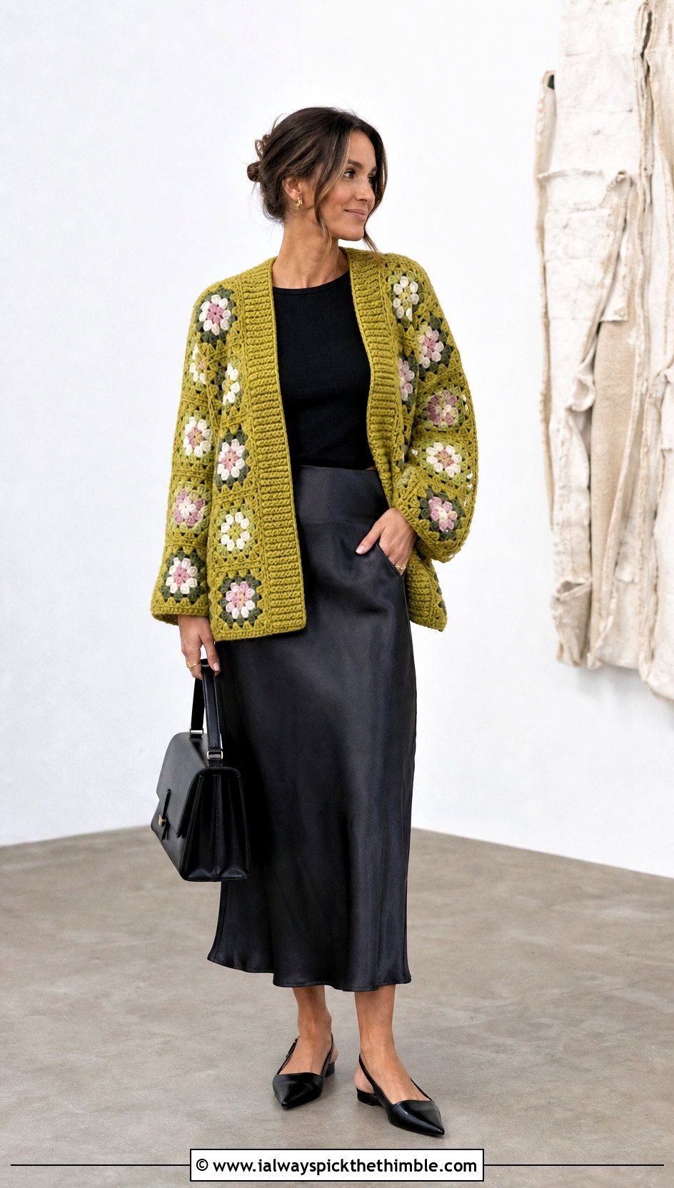 Oversized African Flower Granny Square Cardigan With Satin Midi Skirt - 20 african flower granny square cardigan outfit ideas