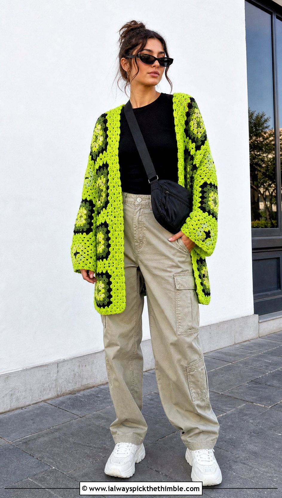 Oversized Allover Granny Square Cardigan With Cargo Pants - 25 crochet granny square cardigan outfit ideas