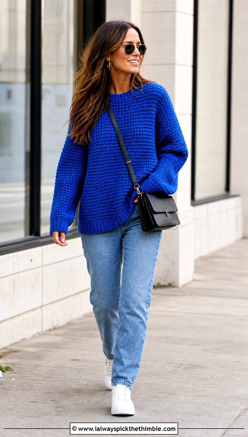 Oversized Alpine Stitch Crewneck Sweater With Straight Leg Jeans - 20 crochet alpine stitch sweater outfit ideas