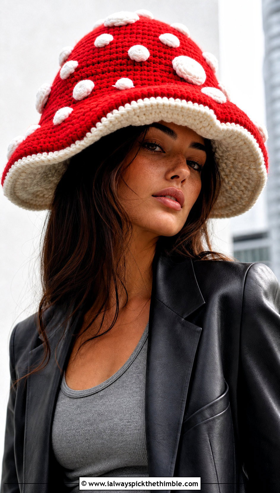 Oversized Amanita Crochet Toadstool Hat With Leather Blazer - 15 Crochet Toadstool Hat outfit ideas