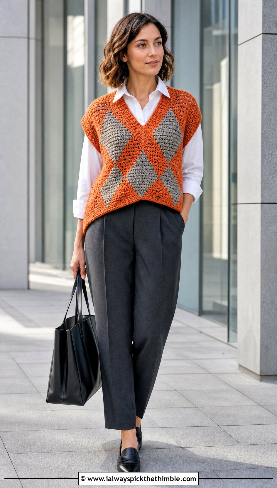 Oversized Argyle Crochet Sweater Vest With Tailored Trousers - 20 Argyle Crochet Sweater Vest outfit ideas
