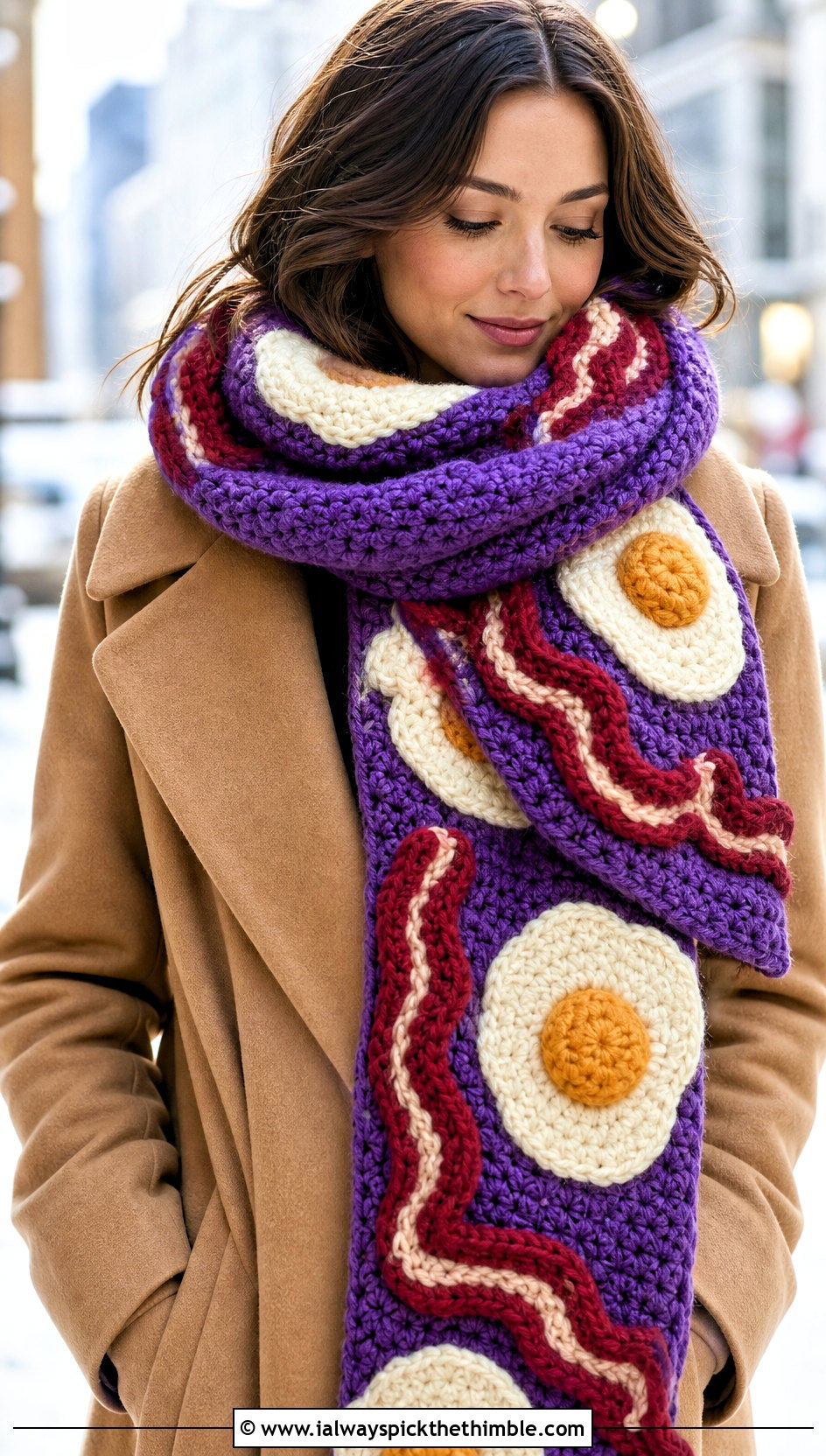 Oversized Bacon And Eggs Scarf With Wool Coat - 20 Crochet Bacon And Eggs Scarf outfit ideas