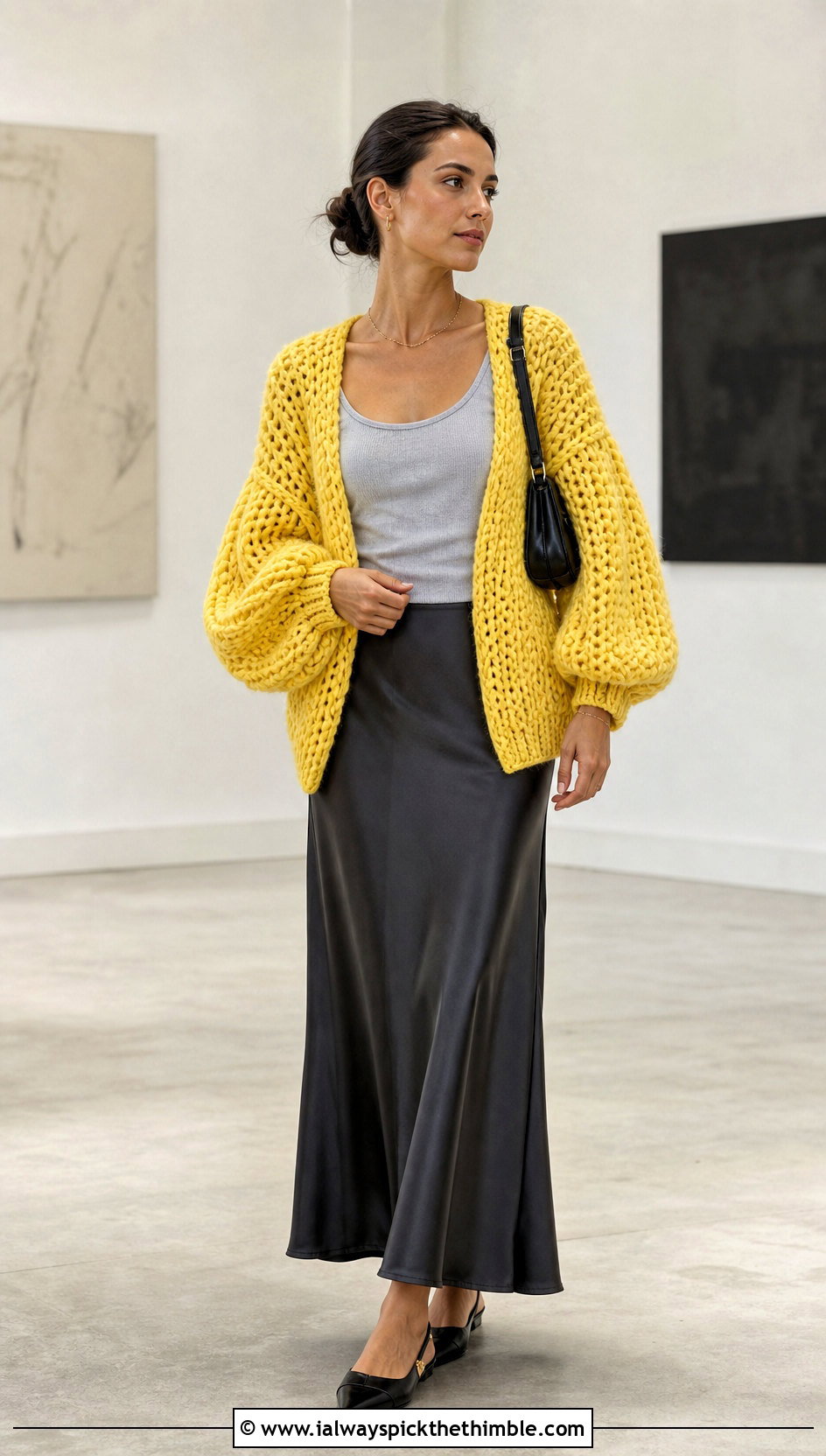 Oversized Balloon Sleeve Crochet Cardigan With Satin Slip Skirt - 25 oversized crochet cardigan outfit ideas