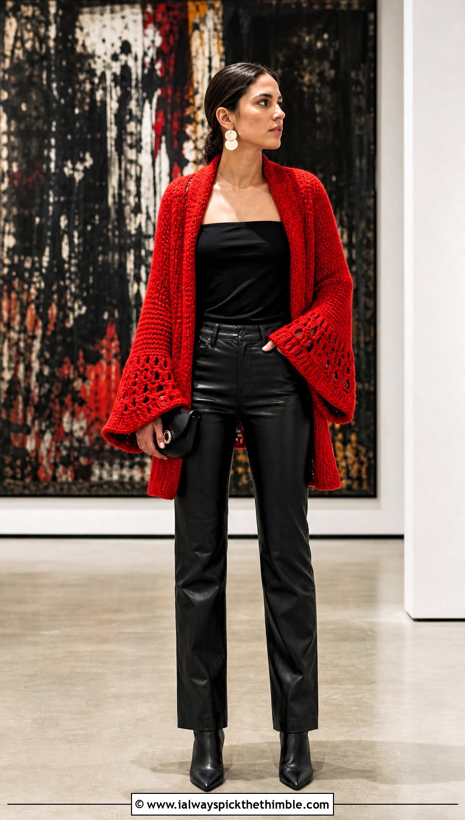 Oversized Bell Sleeve Crochet Cardigan With Leather Pants - 25 oversized crochet cardigan outfit ideas