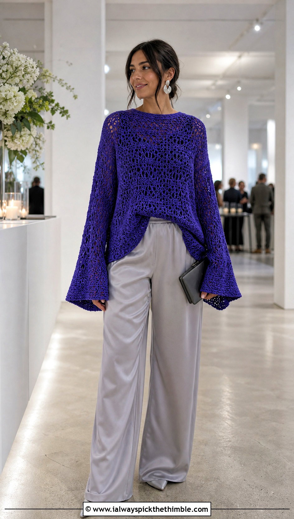 Oversized Bell Sleeve Crochet Sweater With Satin Trousers - 20 bell sleeve crochet sweater outfit ideas