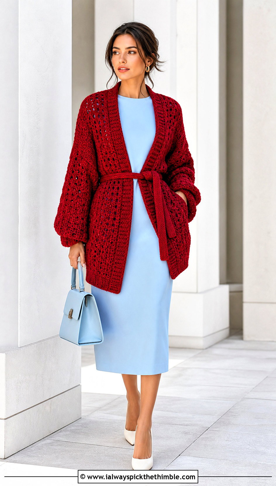 Oversized Belted Crochet Cardigan With Column Dress - 20 oversized chunky crochet cardigan outfit ideas