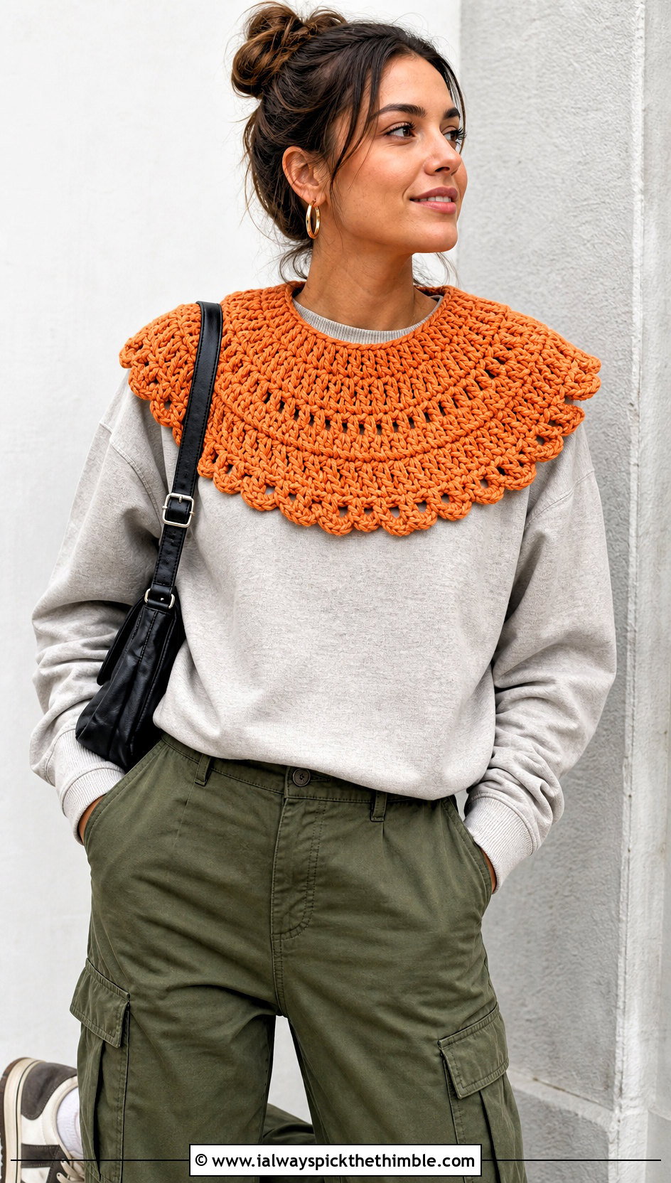 Oversized Bib Crochet Collar With Sweatshirt And Cargo Pants - 25 crochet collar outfit ideas