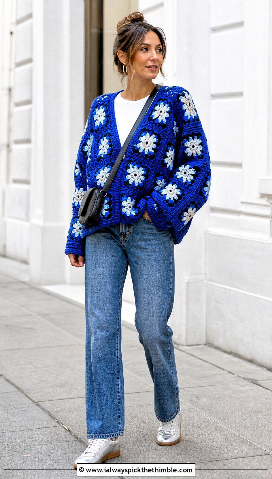Oversized Big Granny Square Pullover With Straight Jeans - 25 big granny square sweater outfit ideas