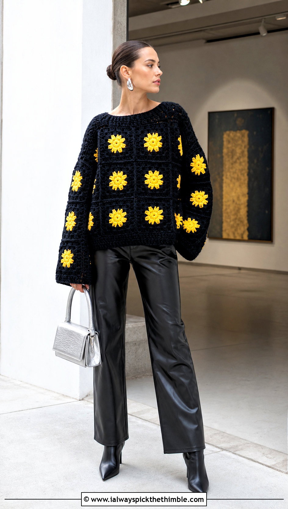 Oversized Black Granny Square Sweater With Leather Pants - 20 black granny square sweater outfit ideas