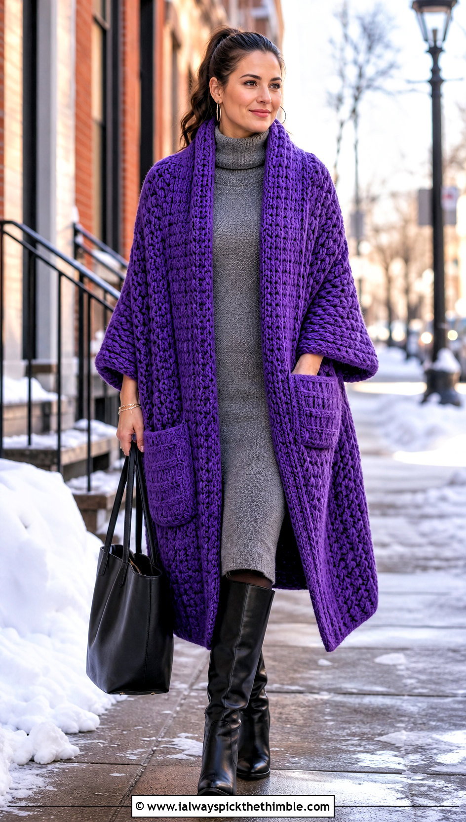 Oversized Blanket Crochet Pocket Wrap With Sweater Dress - 20 Crochet Pocket Wrap outfit ideas