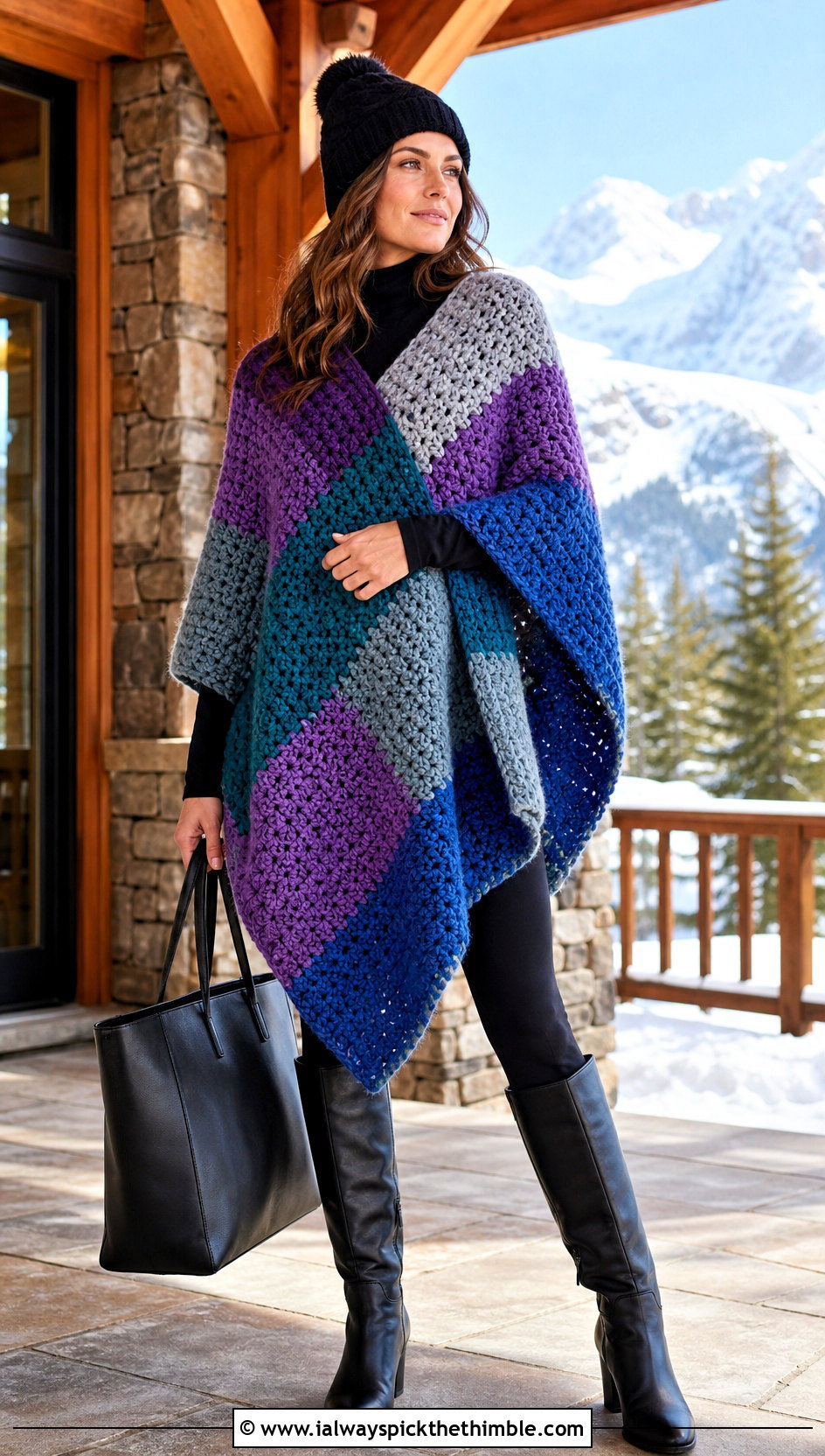 Oversized Blanket Crochet Poncho With Leggings And Boots - 25 crochet poncho woman outfit ideas