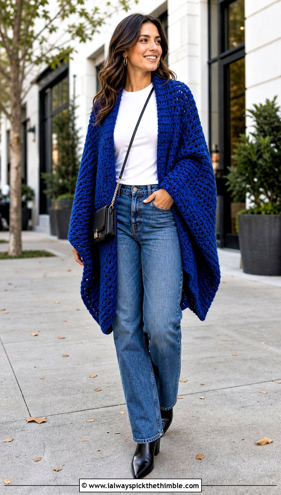 Oversized Blanket Crochet Poncho With Straight Leg Jeans - 15 Blanket Crochet Poncho outfit ideas