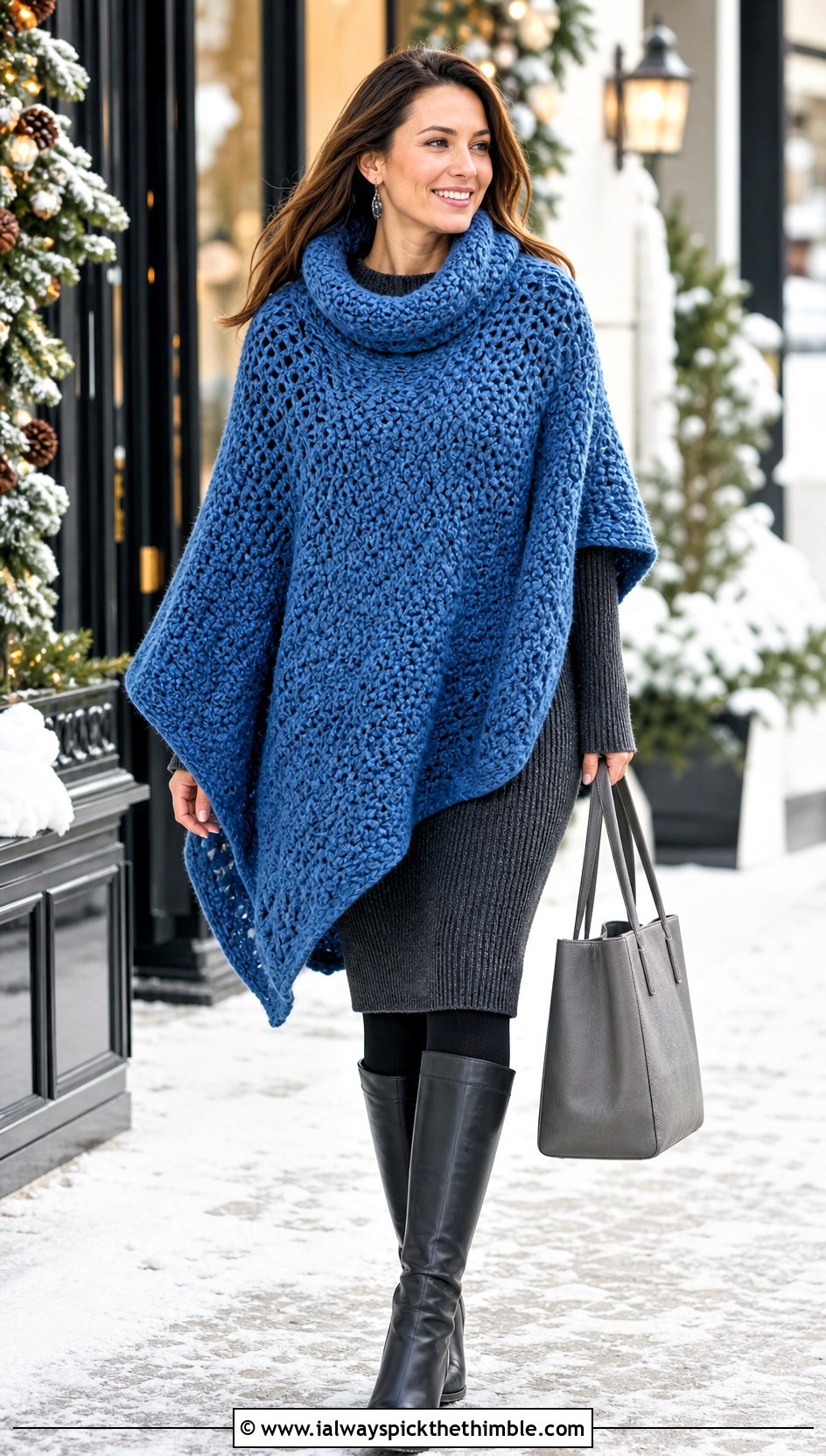 Oversized Blanket Crochet Poncho With Sweater Dress - 15 Easy Crochet Ponchos outfit ideas