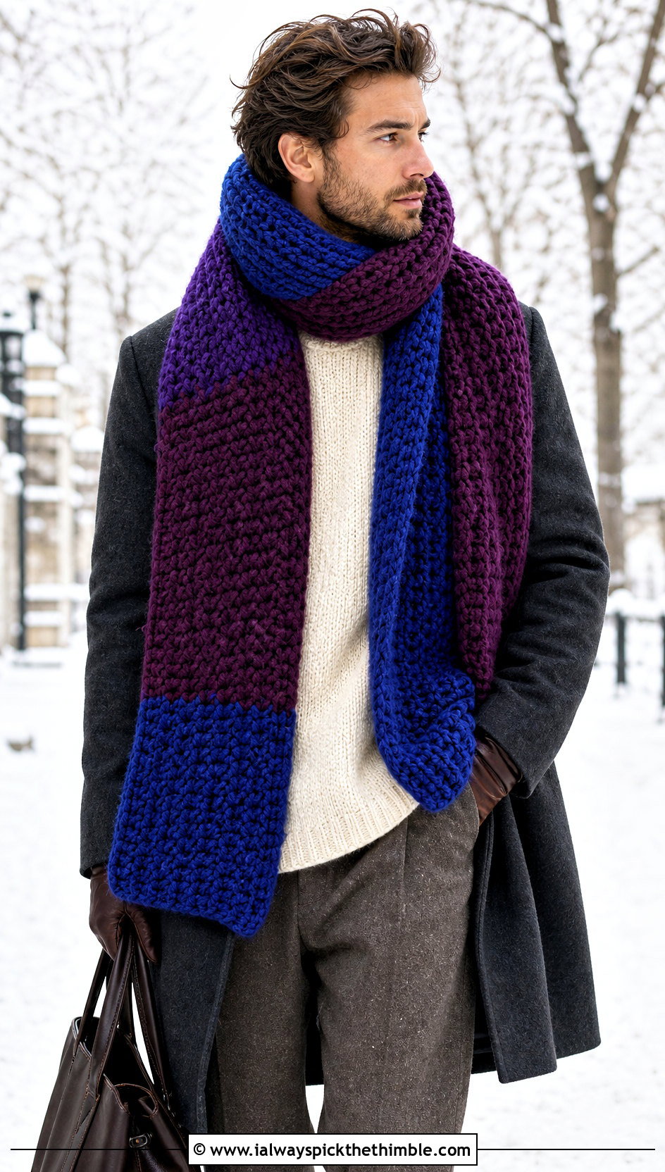Oversized Blanket Crochet Scarf With Long Coat - 25 men's crochet scarf outfit ideas