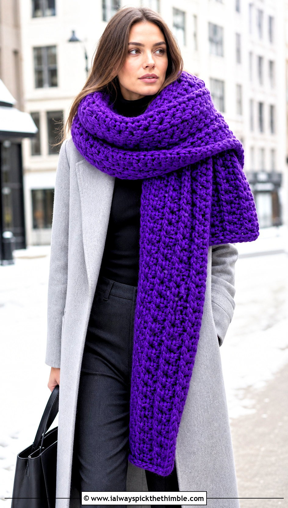 Oversized Blanket Crochet Scarf With Longline Coat - 20 Beautiful Crochet Scarf outfit ideas