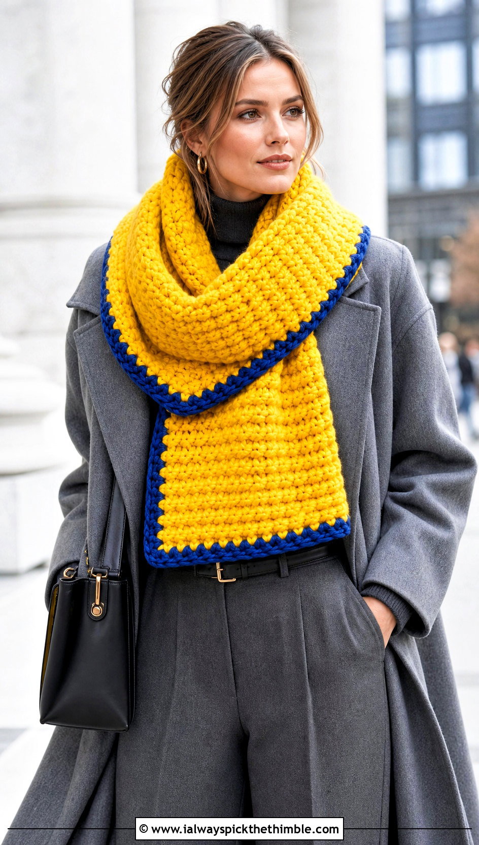Oversized Blanket Crochet Scarf With Monochrome Coat and Trousers - 25 fall crochet scarf outfit ideas