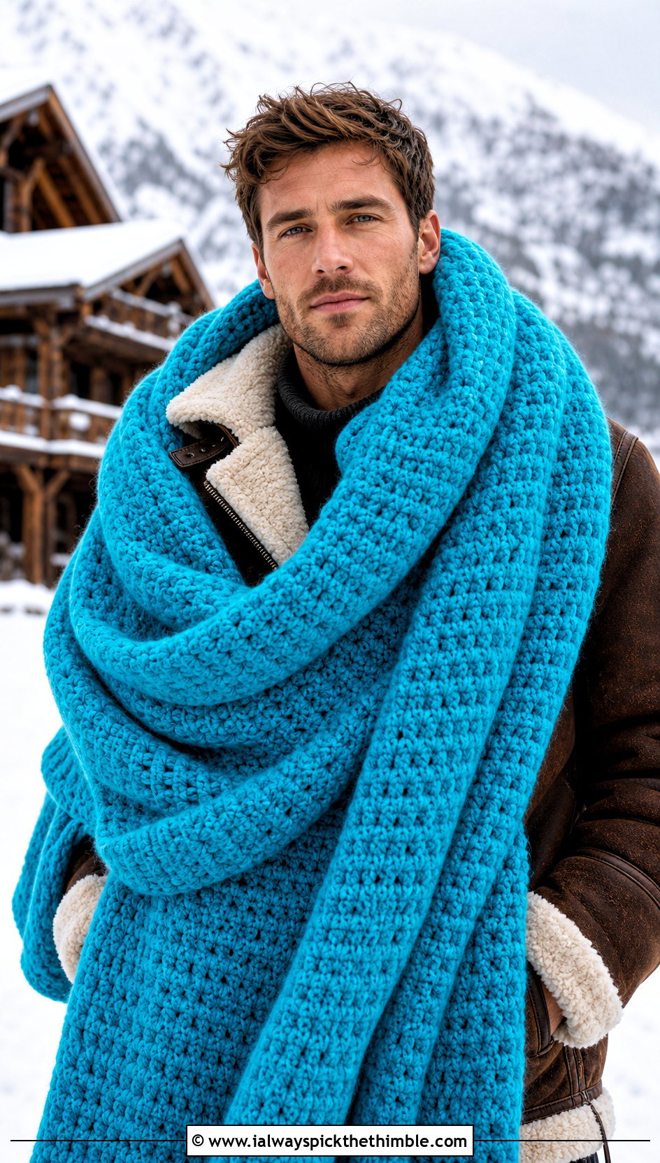 Oversized Blanket Crochet Scarf With Shearling Jacket - 25 crochet scarf for men outfit ideas