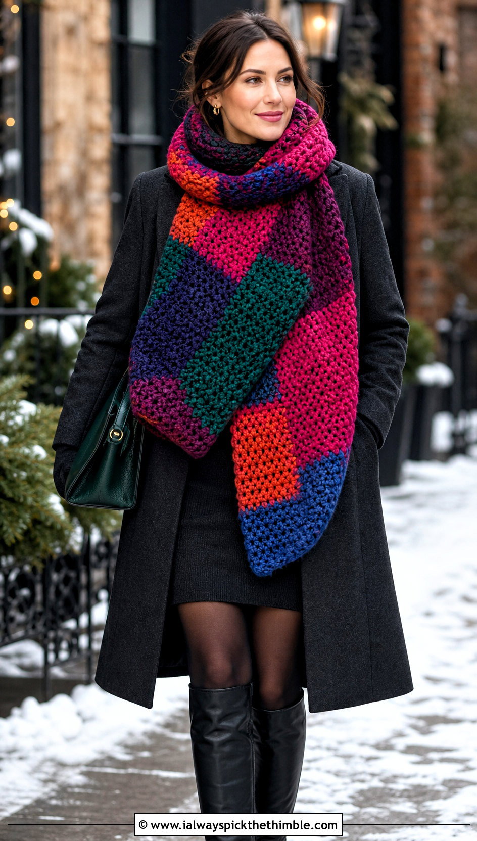 Oversized Blanket Crochet Scarf With Sweater Dress - 20 multi colored crochet scarf outfit ideas