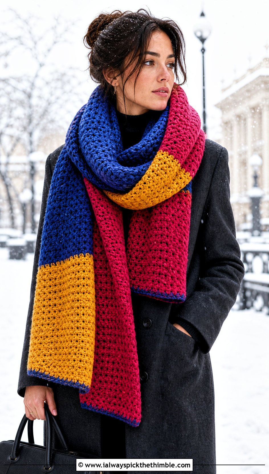 Oversized Blanket Crochet Scarf With Tailored Coat - 20 Crochet Scarf For Beginners outfit ideas