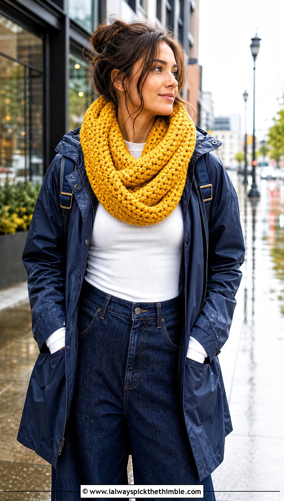 Oversized Blanket Loop Crochet Infinity Scarf With Raincoat - 20 infinite crochet scarf outfit ideas