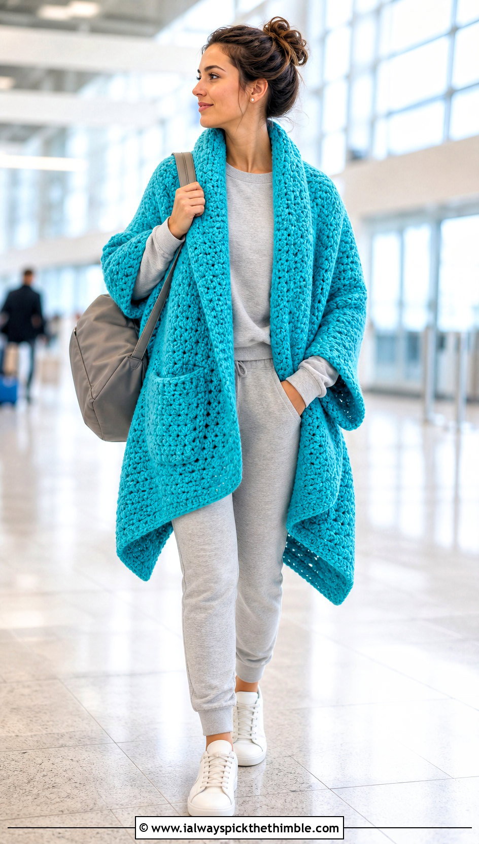 Oversized Blanket Pocket Shawl With Joggers - 20 Easy Crochet Shawl With Pockets outfit ideas