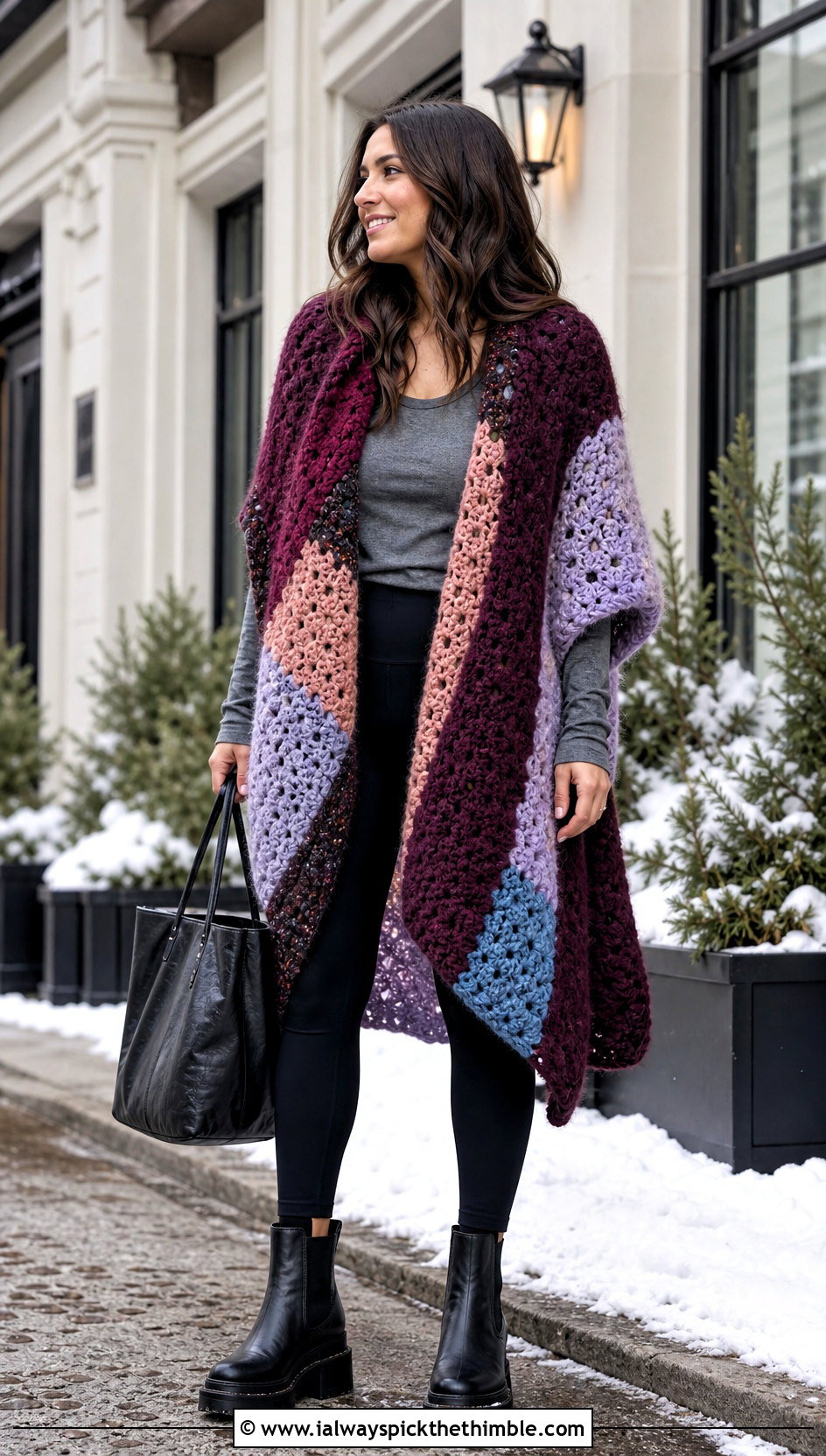Oversized Blanket Scrap Cardigan With Leggings - 15 Crochet Scrap Cardigan outfit ideas