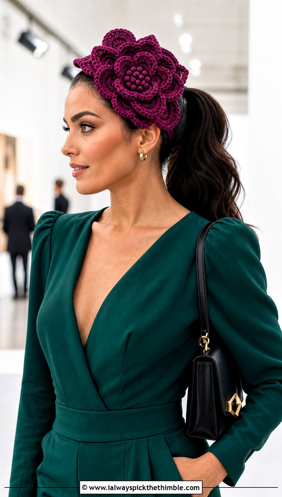 Oversized Bloom Crochet Flower Headband With Tailored Jumpsuit - 15 crochet lovely flower headband outfit ideas