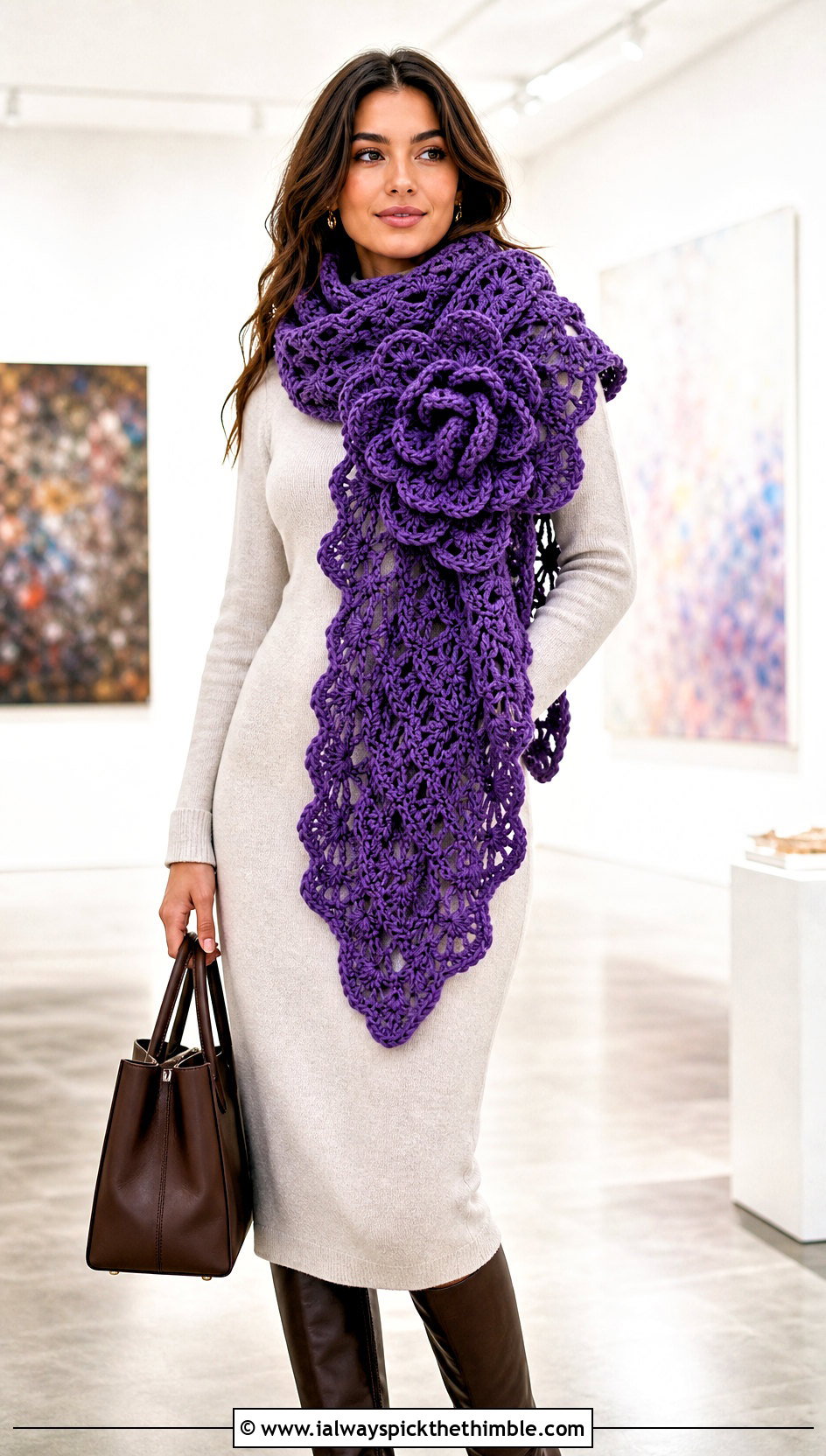 Oversized Bloom Crochet Scarf With Minimal Knit Dress - 25 crochet flower scarf outfit ideas