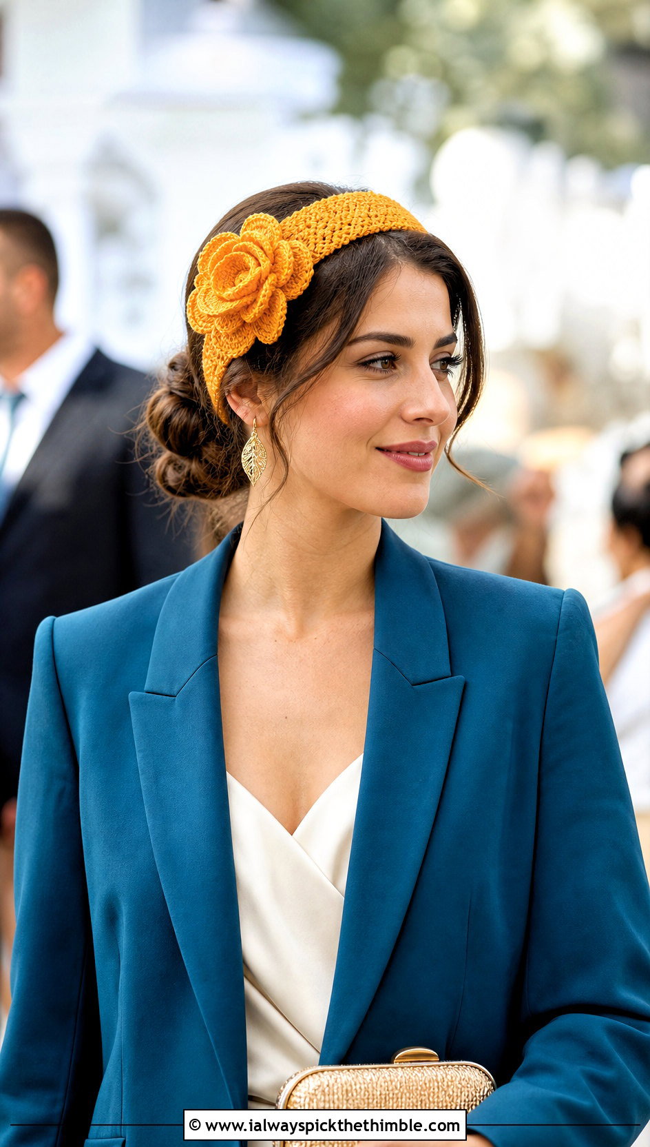 Oversized Blossom Crochet Headband With Wedding Guest Suit - 25 crochet flower headband outfit ideas