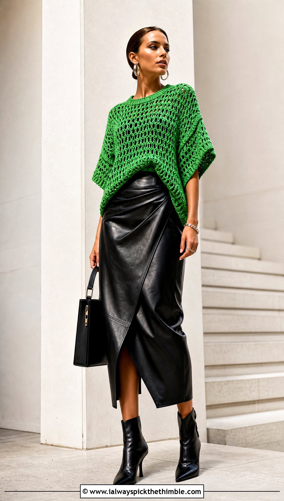 Oversized Blue Sky Crochet Tee With Leather Midi Skirt - 15 blue sky crochet tee outfit ideas