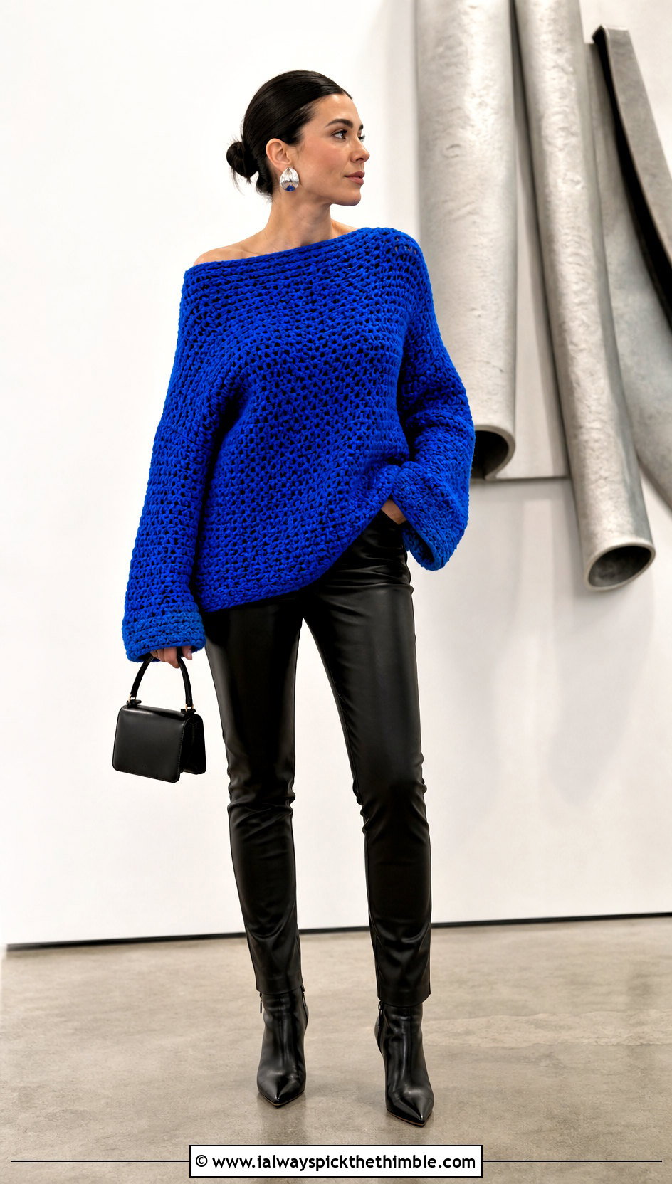 Oversized Boat Neck Crochet Sweater With Leather Pants - 15 boat neck crochet sweater outfit ideas