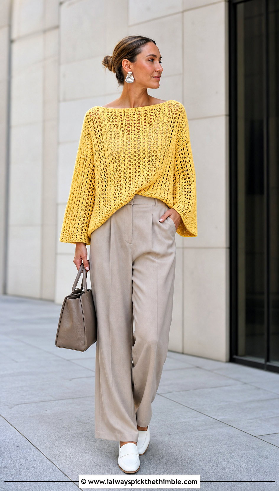 Oversized Boat Neck Crochet Top With Wide Leg Trousers - 25 loose crochet top outfit ideas