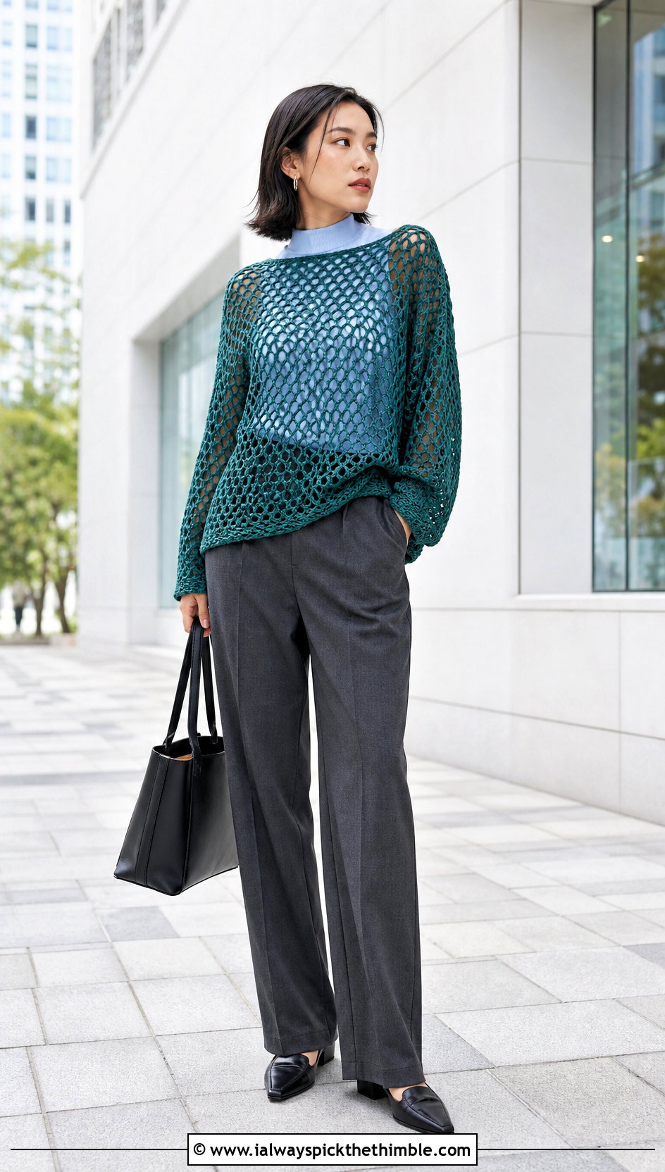 Oversized Boat Neck Fishnet Crochet Top With Tailored Trousers - 20 Fishnet Crochet Top outfit ideas