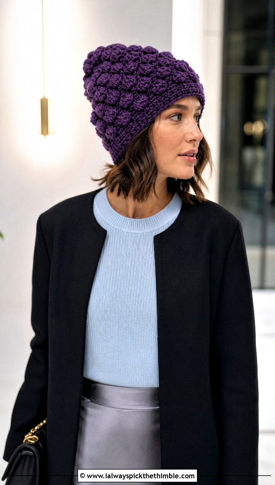 Oversized Bobble Stitch Crochet Beanie With Satin Slip Skirt - 15 Oversized Crochet Beanie outfit ideas