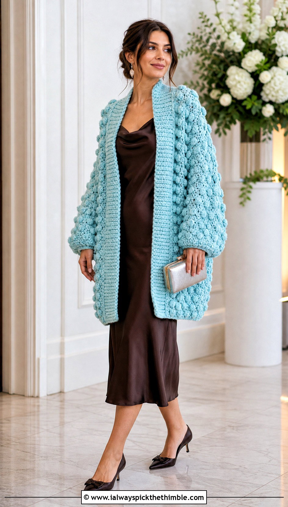 Oversized Bobble Stitch Crochet Cardigan With Slip Dress - 20 oversized chunky crochet cardigan outfit ideas