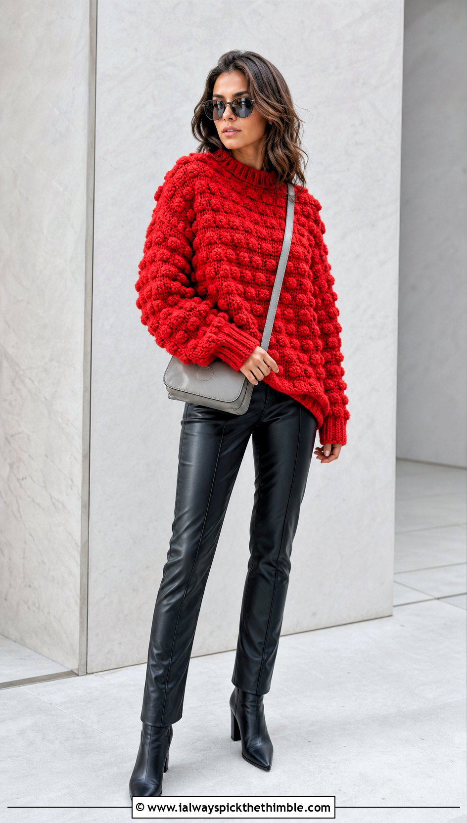 Oversized Bobble Sweater With Leather Pants - 20 crochet bobble sweater outfit ideas