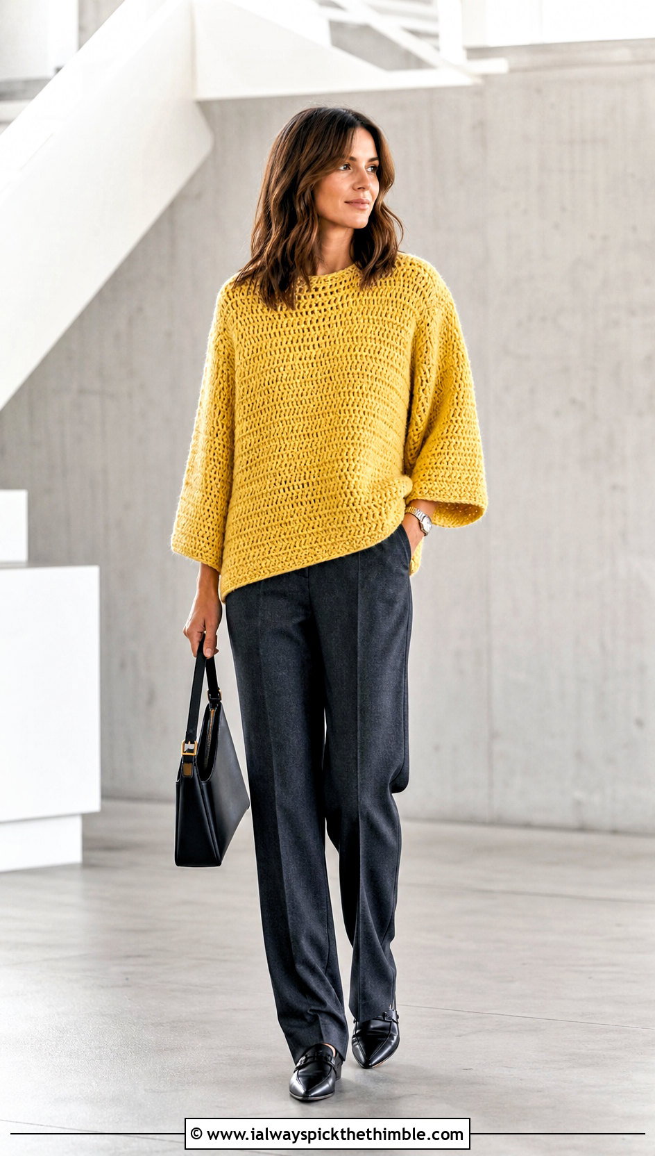 Oversized Boxy Crochet Pullover With Straight Leg Trousers - 20 women crochet pullover outfit ideas