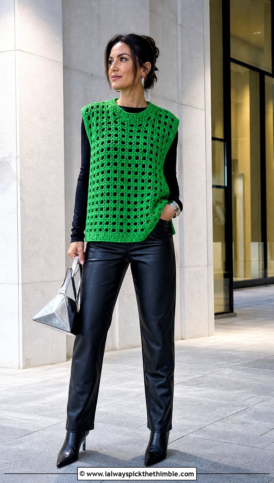 Oversized Boxy Crochet Vest With Leather Pants - 20 Crocheted Vests For Women outfit ideas
